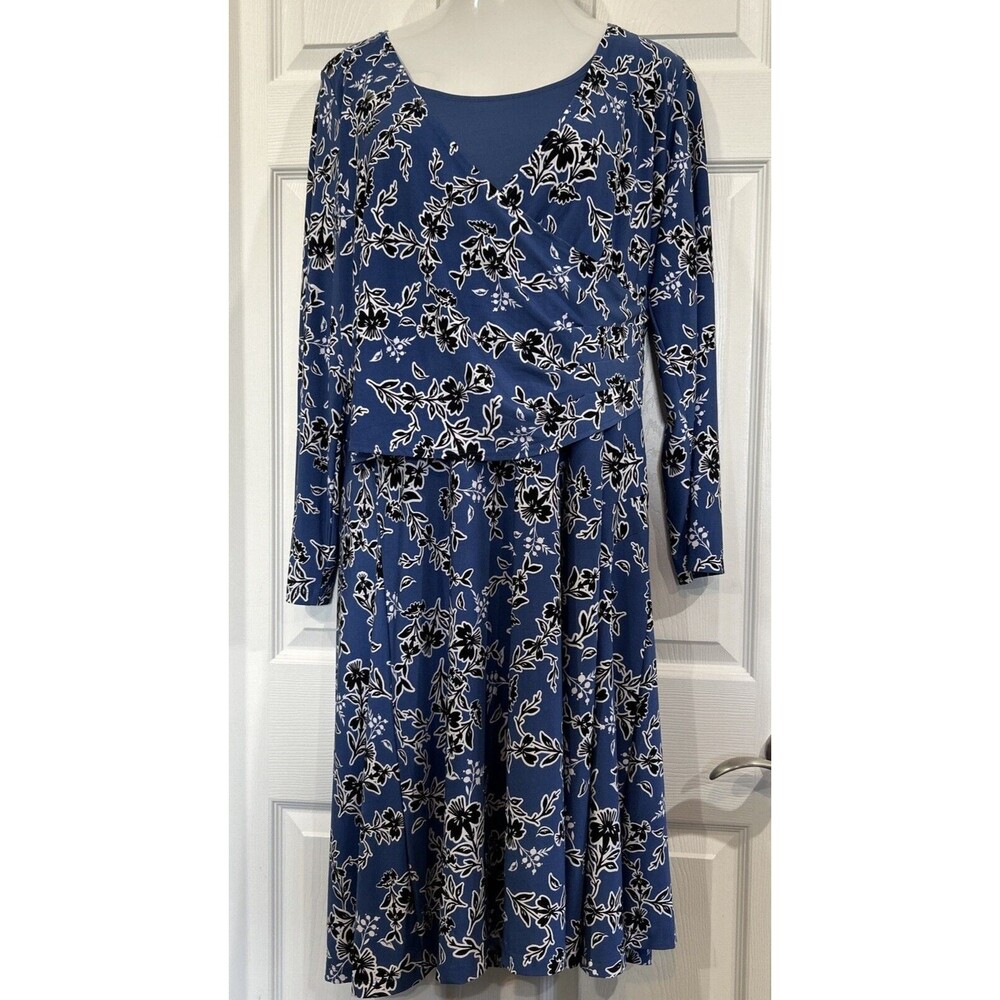 Woman Within Plus Size 22W 2X Blue Floral Print Faux Wrap Dress Stretch